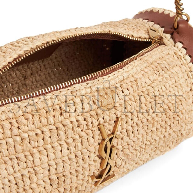 YSL CASSANDRE SMALL CYLINDRIC BAG IN RAFFIA AND VEGETABLE-TANNED LEATHER 744504GAABN2080 (24.5*11*11cm)